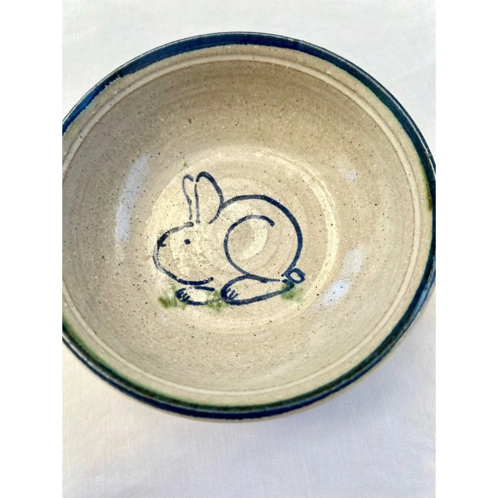 Studio Pottery Blue Bunny Rabbit Kids Bowl and Mug Set Hand Painted Stoneware